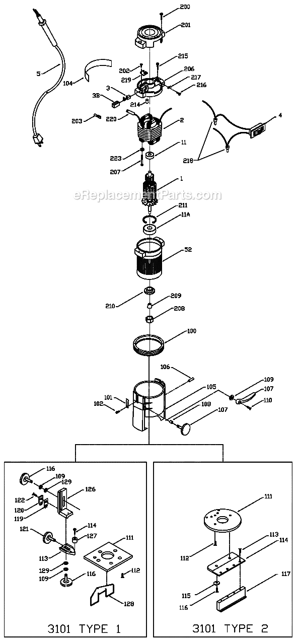 Page A Diagram and Parts List for 3102 Type 4 Porter Cable Laminate Trimmer